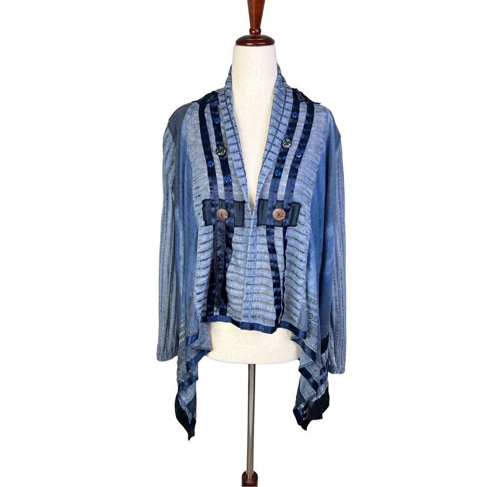 Aris A cardigan women’s large blue cotton embellished long sleeve open waterfall